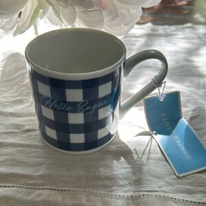Draper James NEW Mug Coffee Cup Nassau Navy Blue White Gingham Check Hello Sugar